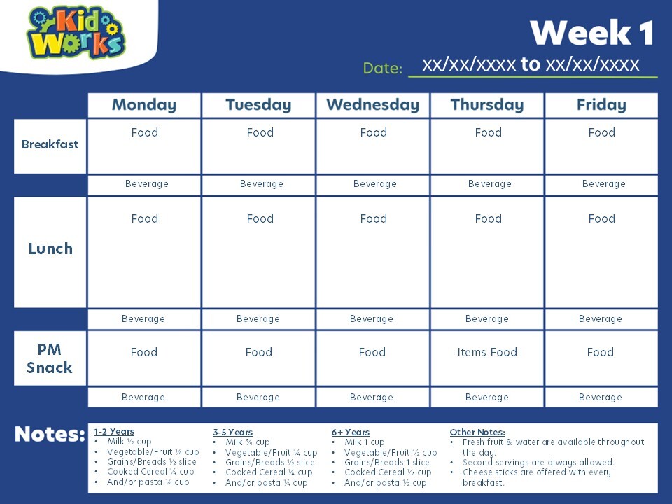 Kid Works Weekly Menu (2026)